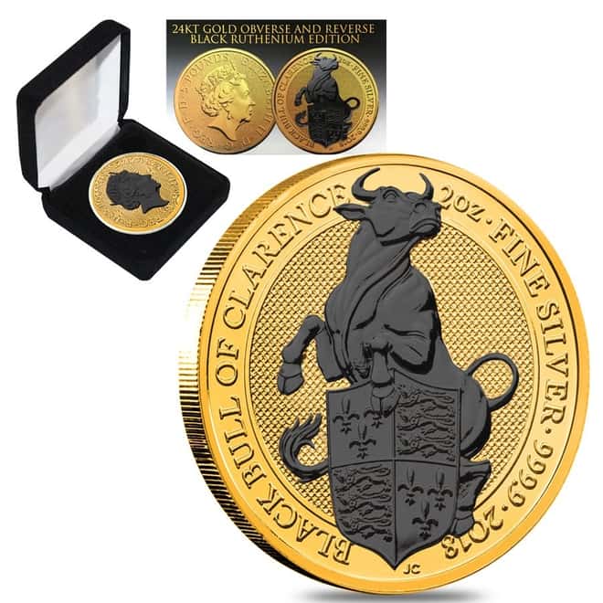 2018 Great Britain 2 oz Silver Queen's Beast (Black Bull) Coin .9999 Fine Black Ruthenium 24K Gold Edition (w/Box & COA)