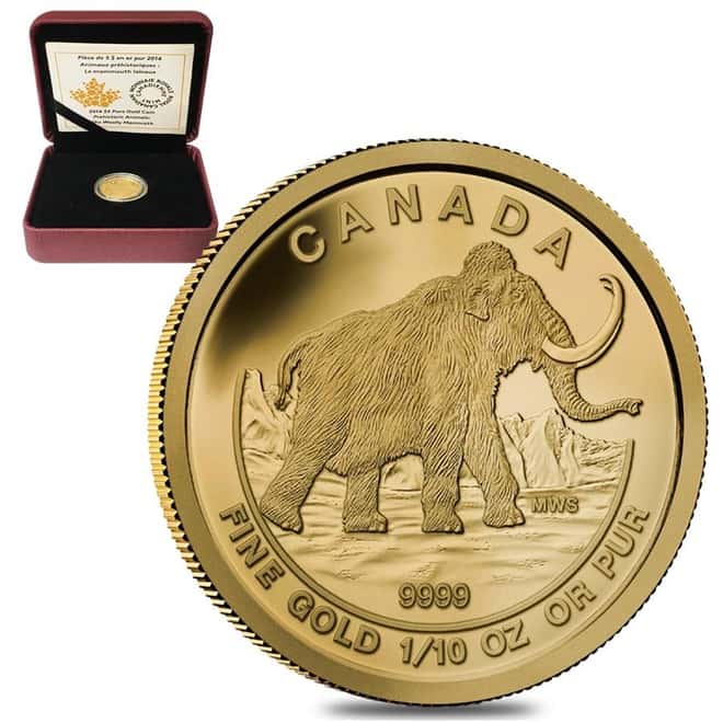 2014 1/10 oz Gold Canadian Woolly Mammoth $5 Proof Coin .9999 Fine (w/Box & COA)