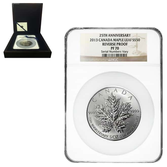 2013 5 oz Silver Canadian Maple Leaf 25th Anniv. Reverse Proof NGC PF 70 (w/Box & COA)