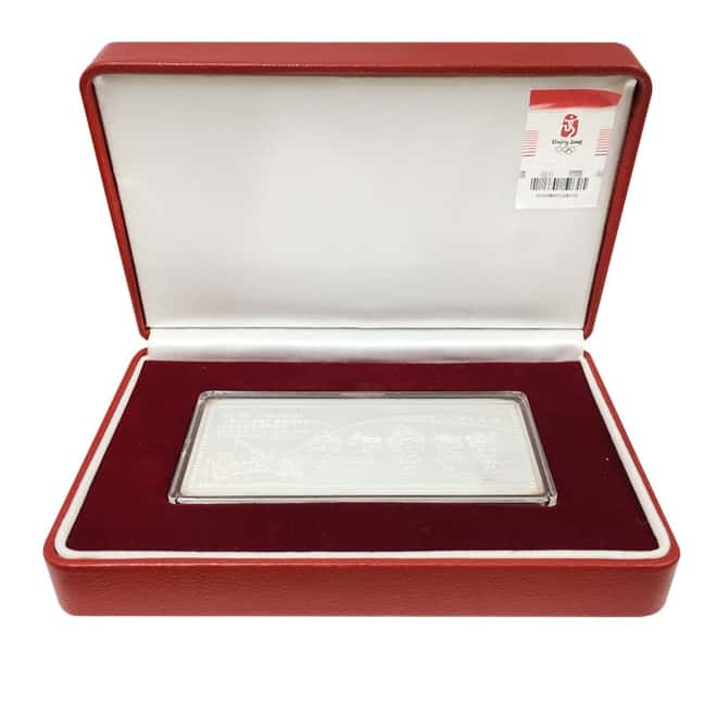 2008 China 110 gram Silver 5 gram Gold Beijing Olympics Mascots Bar .999 Fine (w/Box)