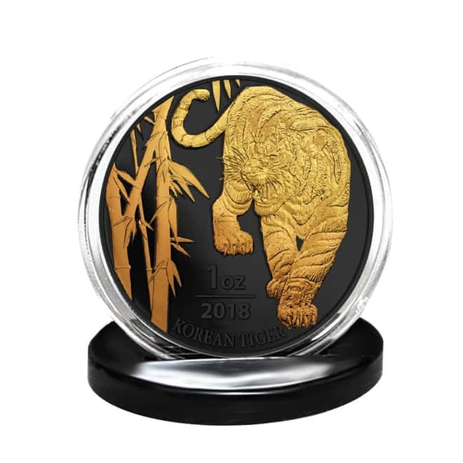 2018 1 oz South Korea Silver Tiger Medal Black Ruthenium 24K Gold Edition (w/Box & COA) 