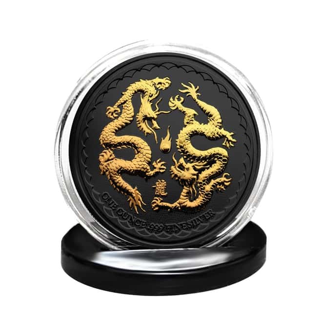 2018 1 oz Niue Silver $2 Double Dragon Black Ruthenium 24K Gold Edition (w/Box & COA)