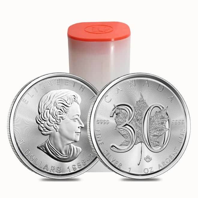 2018 1 oz Silver Canadian Maple Leaf 30th Anniversary .9999 Fine $5 Coin BU