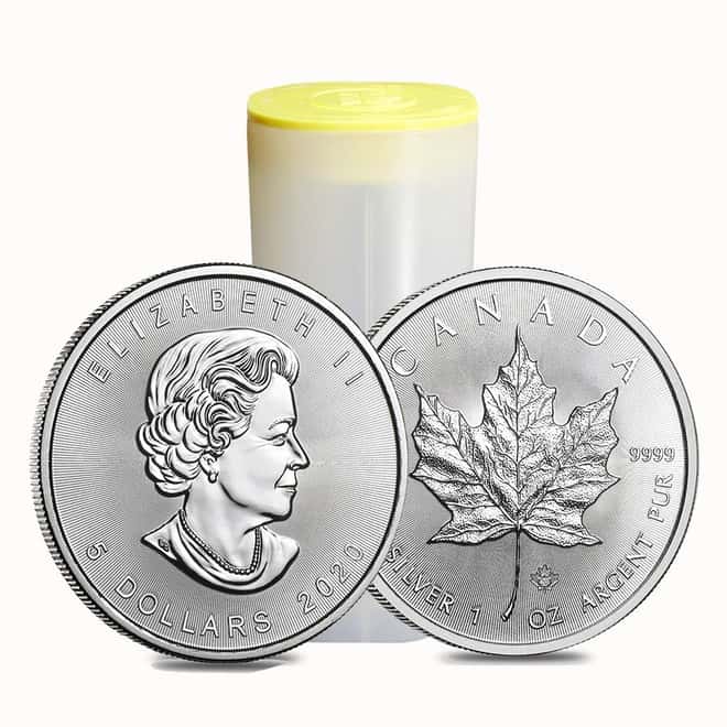Roll of 25 - 2020 1 oz Canadian Silver Maple Leaf .9999 Fine $5 Coin BU (Lot, Tube of 25)