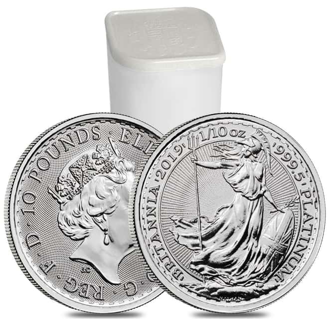 Roll of 25 - 2019 Great Britain 1/10 oz Platinum Britannia Coin .9995 Fine BU (Lot,Tube of 25)