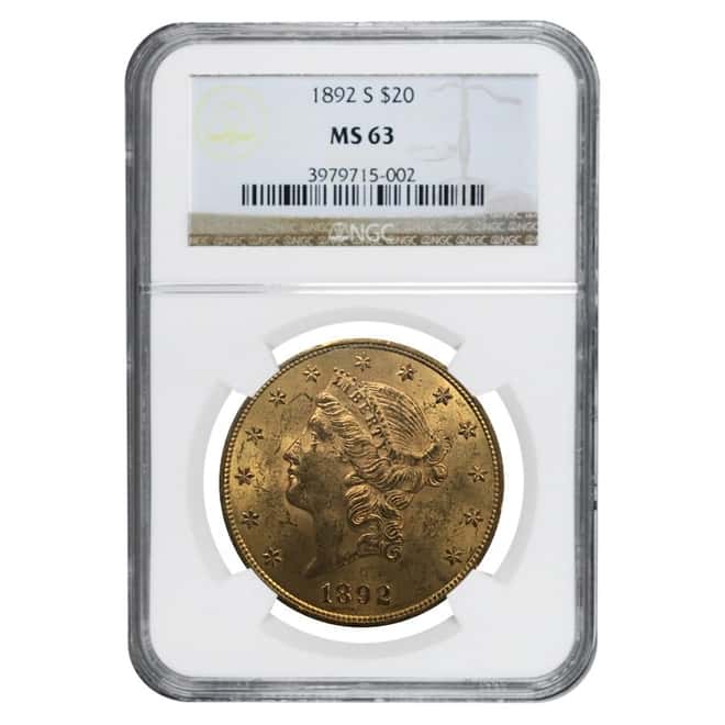 1892 S $20 Liberty Head Double Eagle Gold Coin NGC MS 63