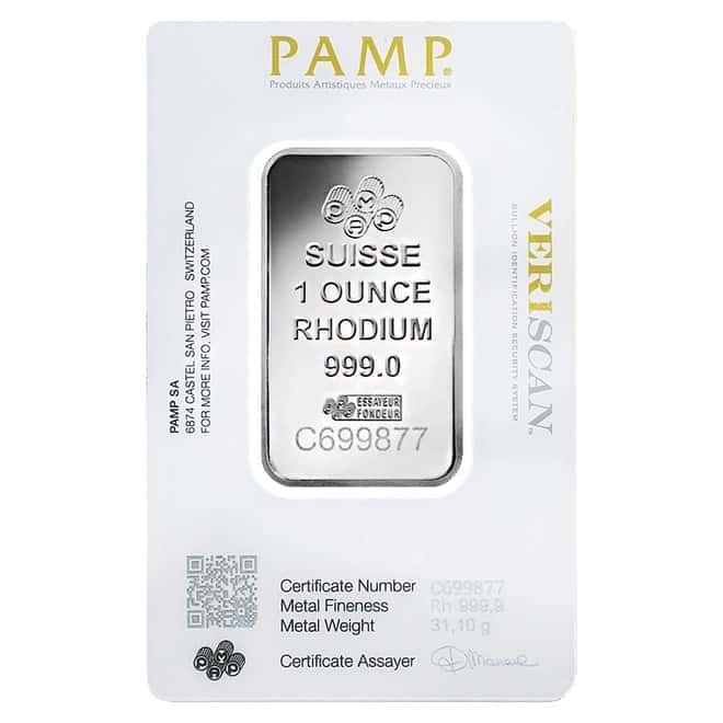 1 oz PAMP Suisse Rhodium Bar .999 Fine (In Assay)