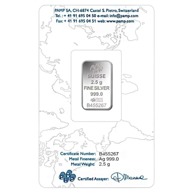 2.5 Gram PAMP Suisse Lady Fortuna Silver Bar .999 Fine (In Assay)