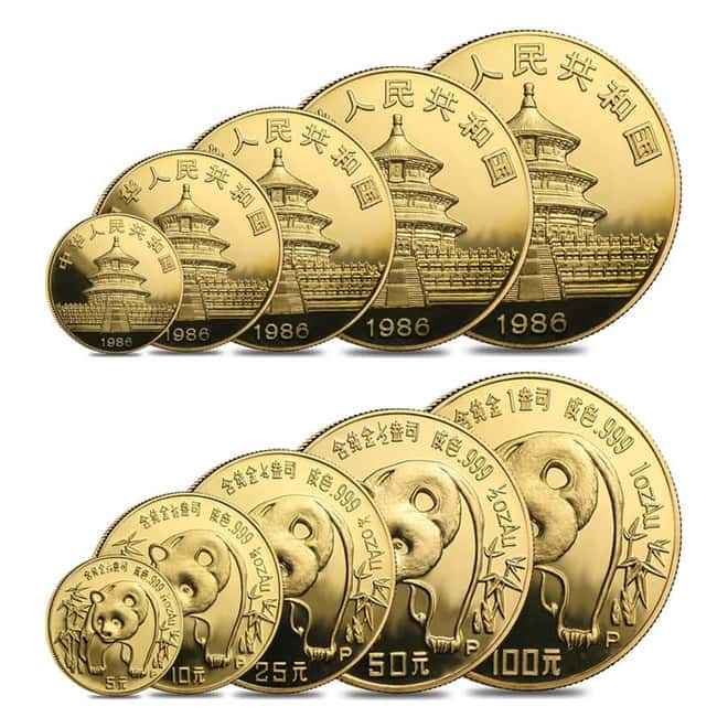 1986 P 1.9 oz Chinese Proof Gold Panda 5-Coin Set (Sealed)