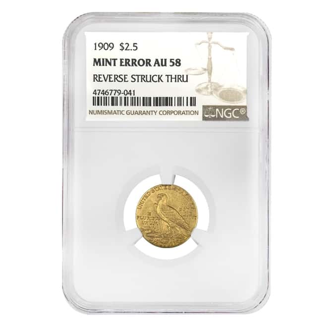 1909 $2.5 Indian Head Gold Quarter Eagle Coin NGC AU 58 Mint Error (Rev Struck Thru)