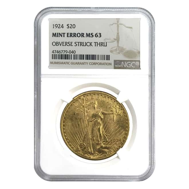 1924 $20 Gold Saint Gaudens Double Eagle Coin NGC MS 63 Mint Error (Obv Struck Thru)