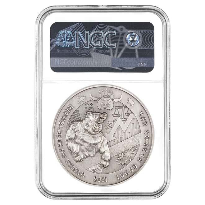 2021 Chad 2 oz Silver Bull vs Bear Pandemic Coin NGC MS 69 ER Antiqued High Relief