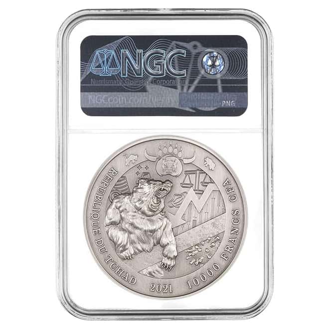 2021 Chad 2 oz Silver Bull vs Bear Pandemic Coin NGC MS 70 FDOI Antiqued High Relief
