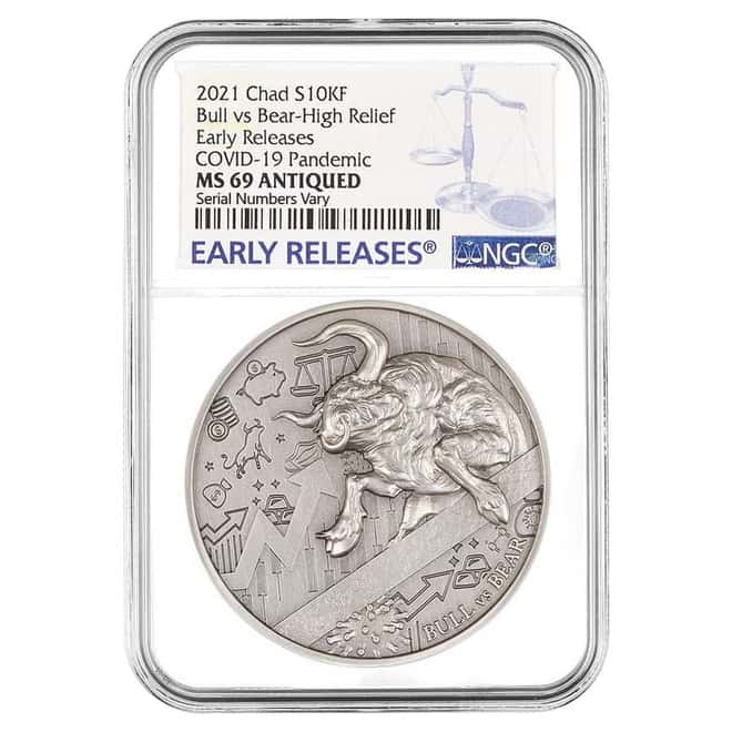 2021 Chad 2 oz Silver Bull vs Bear Pandemic Coin NGC MS 69 ER Antiqued High Relief
