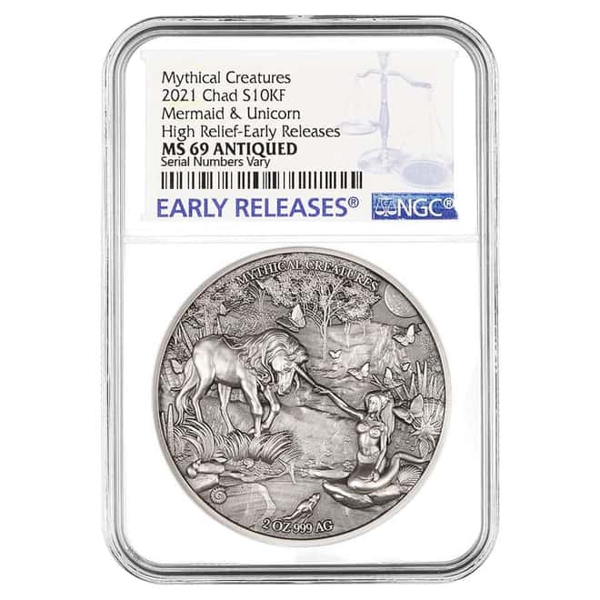 2021 Chad 2 oz Silver Mermaid & Unicorn Coin NGC MS 69 ER Antiqued High Relief - Mythical Creatures