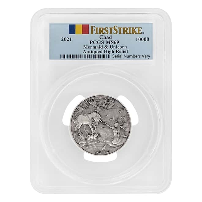 2021 Chad 2 oz Silver Mermaid & Unicorn Coin PCGS MS 69 FS Antiqued High Relief - Mythical Creatures