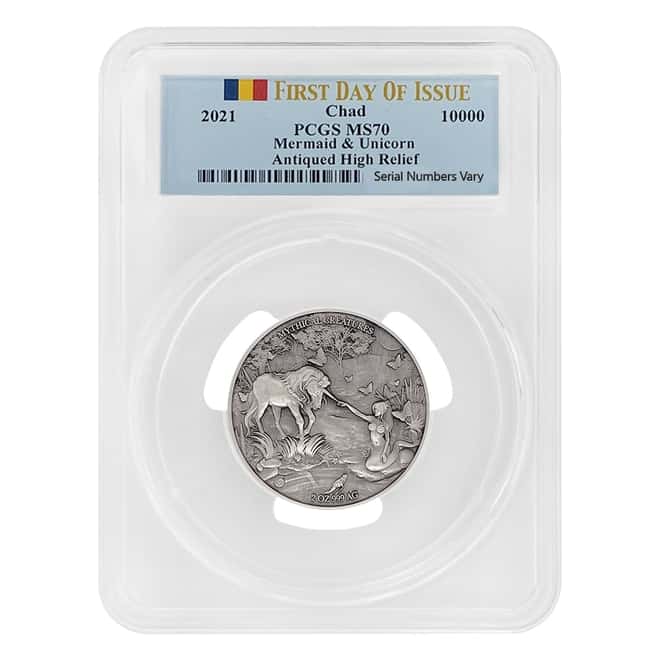 2021 Chad 2 oz Silver Mermaid & Unicorn Coin PCGS MS 70 FDOI Antiqued High Relief - Mythical Creatures