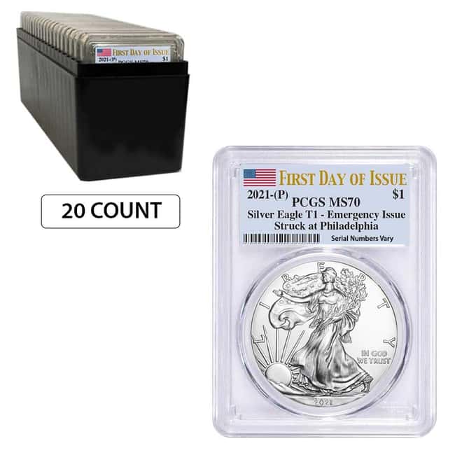 Lot of 20 - 2021 (P) 1 oz Silver American Eagle PCGS MS 70 FDOI Emergency Issue
