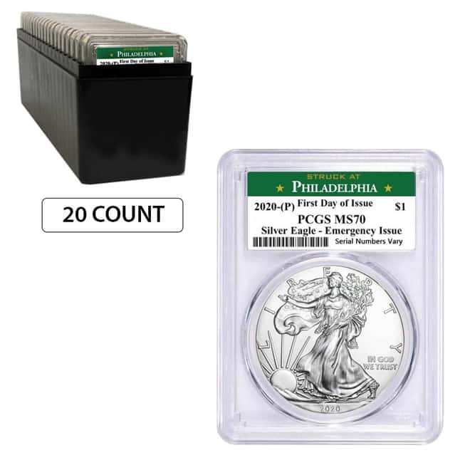 Lot of 20 - 2020 (P) 1 oz Silver American Eagle PCGS MS 70 FDOI (Philadelphia) Emergency Issue