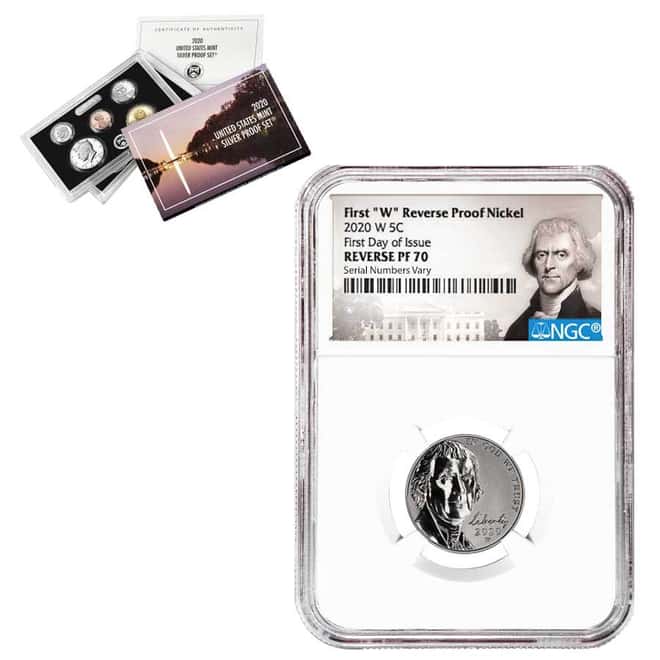2020-W Reverse Proof Jefferson Nickel NGC PF 70 FDOI Jefferson Label (w/ 2020-S US Mint Proof Silver Set)