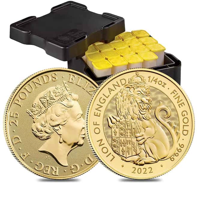 Tube of 25 - 2022 Great Britain 1/4 oz Gold The Tudor Beasts Lion of England Coin .9999 Fine BU