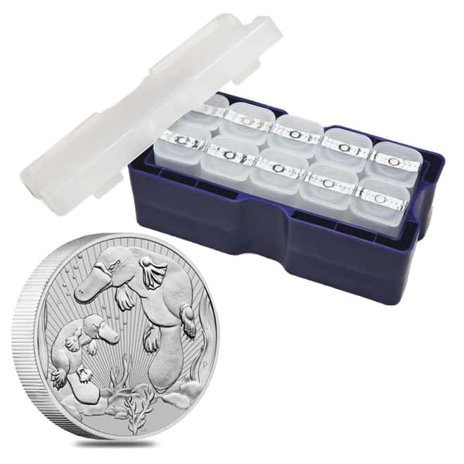 Monster Box of 100 - 2021 2 oz Silver Australian Piedfort Platypus Perth Mint .9999 Fine BU Next Generation Series (10 Rolls, Tube of 10)