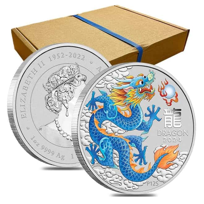 Box of 100 - 2024 1 oz Colorized Lunar Blue Dragon Silver Coin BU Perth Mint