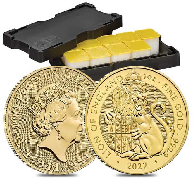 Tube of 10 - 2022 Great Britain 1 oz Gold The Tudor Beasts Lion of England Coin .9999 Fine BU