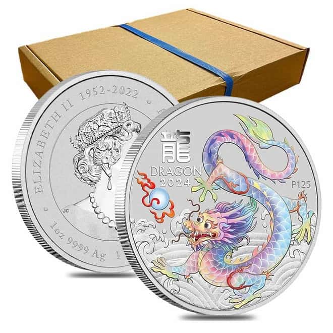Box of 100 - 2024 1 oz Colorized Lunar White Dragon Silver Coin BU Perth Mint