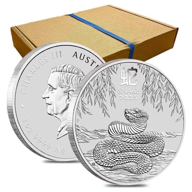 Box of 100 - 2025 1 oz Silver Lunar Snake BU Australian Perth Mint