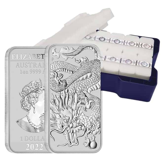 Monster Box of 200 - 2022 1 oz Silver Australian Dragon Coin Bar $1 BU (10 Tube, Lot of 20)