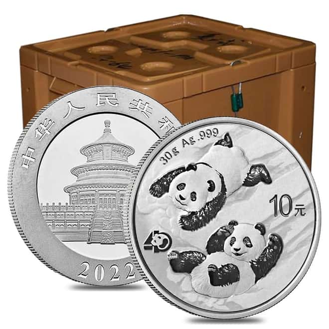 2022 30 gram Chinese Silver Panda 40th Ann Privy 10 Yuan .999 Fine BU