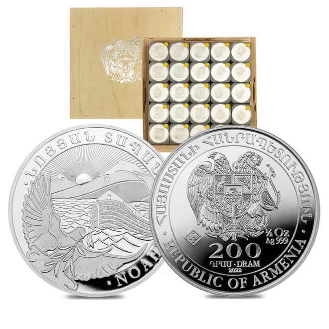 Tube of 20 - 2022 Armenia 1/2 oz Noah's Ark Silver Coin 200 Dram .999 Fine BU (Roll, Lot of 20)