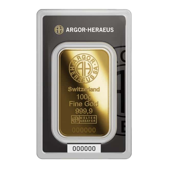 100 Gram Argor Heraeus Gold Bar .9999 Fine (New Design in Assay)