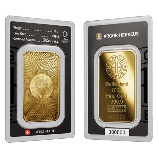 100 Gram Argor Heraeus Gold Bar .9999 Fine (New Design in Assay)
