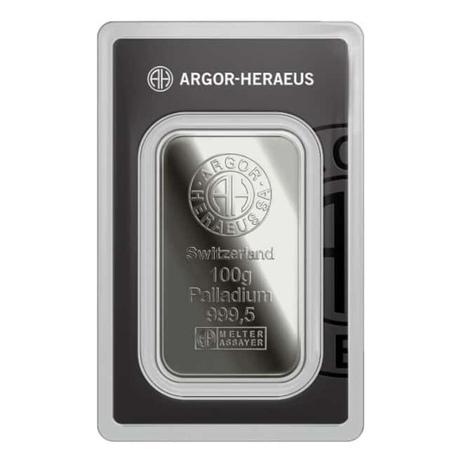 100 Gram Argor Heraeus Palladium Bar .9995 Fine (New Design in Assay)