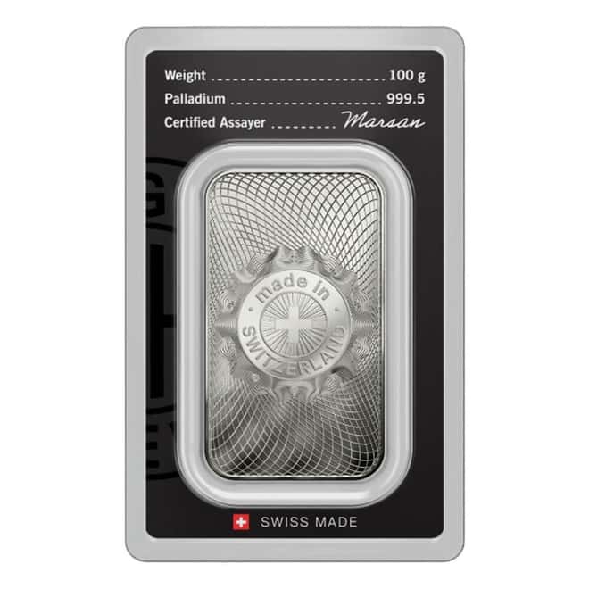 100 Gram Argor Heraeus Palladium Bar .9995 Fine (New Design in Assay)