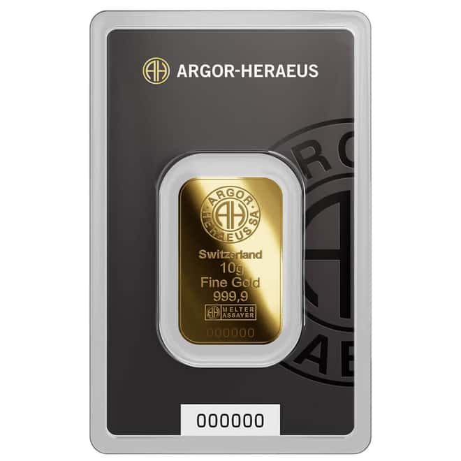 10 Gram Argor Heraeus Gold Bar .9999 Fine (New Design in Assay)