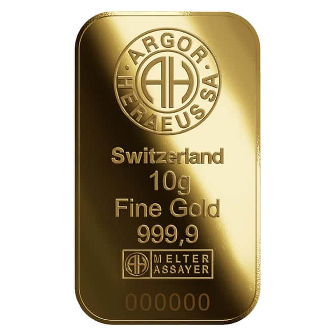 10 Gram Argor Heraeus Gold Bar .9999 Fine (New Design in Assay)