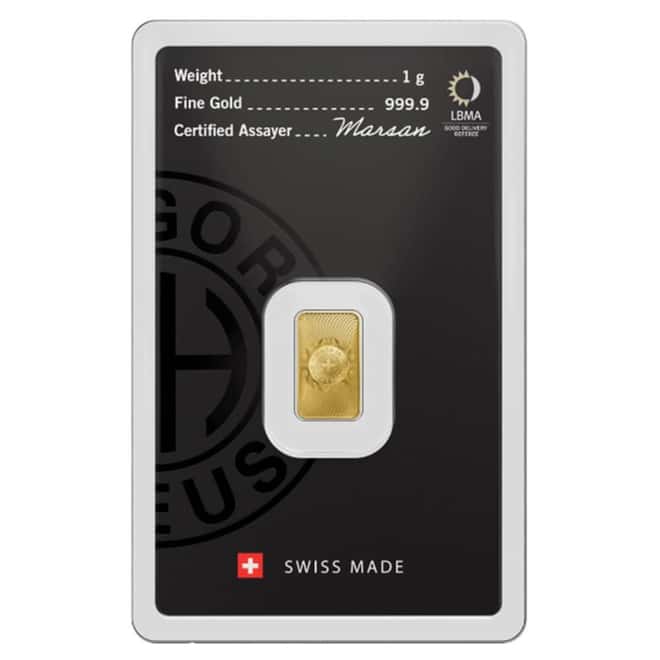 1 Gram Argor Heraeus Gold Bar .9999 Fine (New Design in Assay)