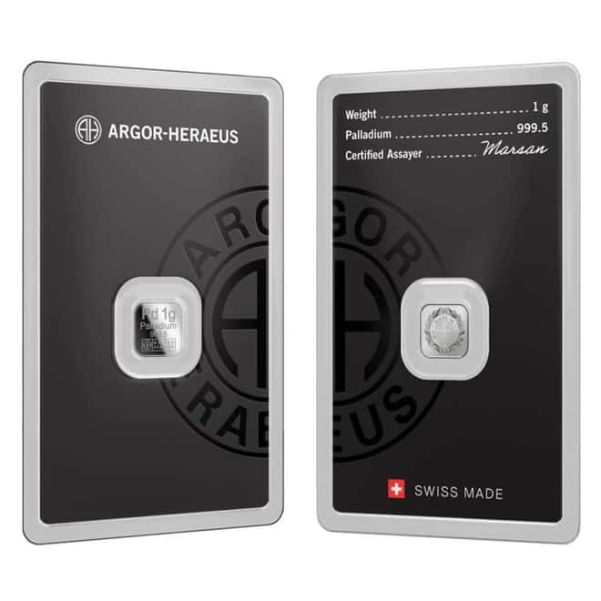 1 Gram Argor Heraeus Palladium Bar .9995 Fine (New Design in Assay)