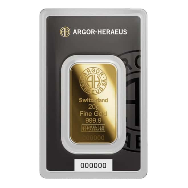20 Gram Argor Heraeus Gold Bar .9999 Fine (New Design in Assay)