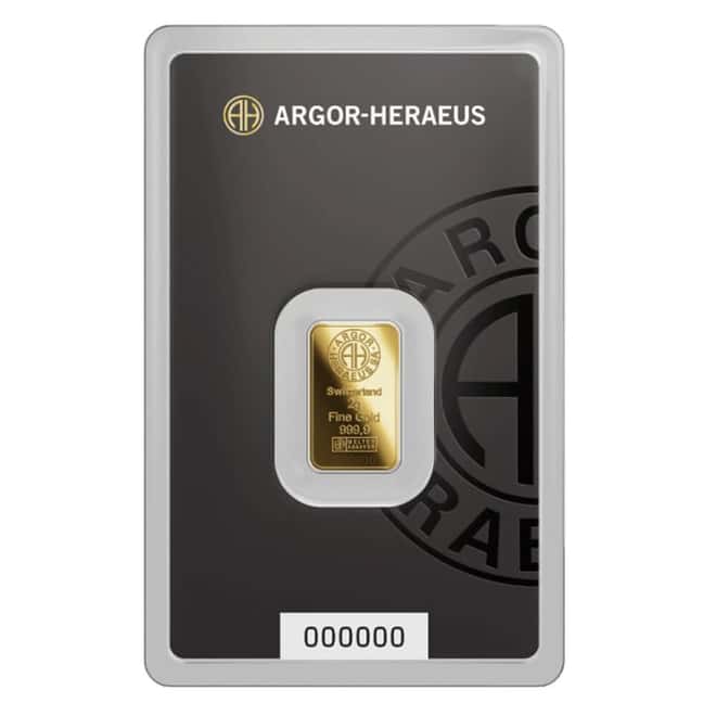 2 Gram Argor Heraeus Gold Bar .9999 Fine (New Design in Assay)
