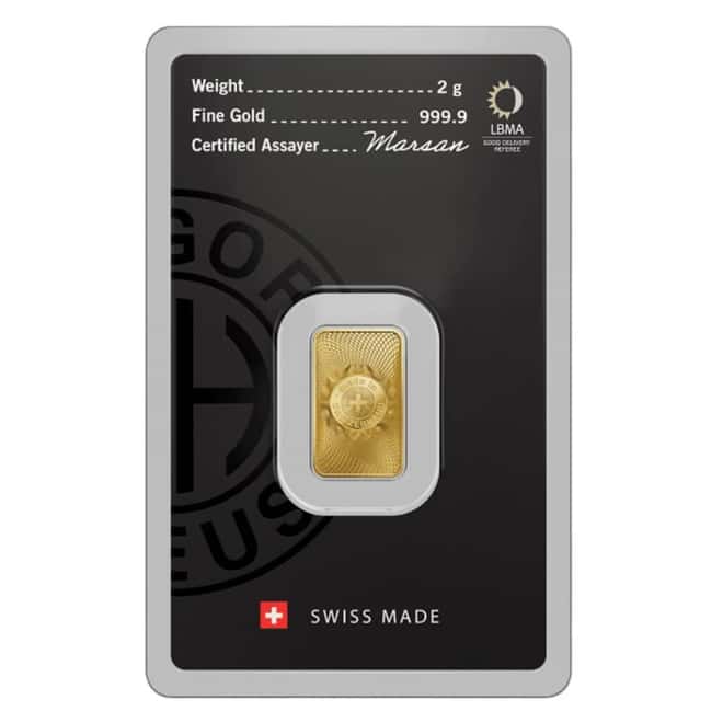 2 Gram Argor Heraeus Gold Bar .9999 Fine (New Design in Assay)