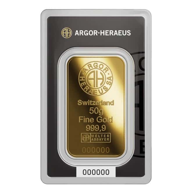 50 Gram Argor Heraeus Gold Bar .9999 Fine (New Design in Assay)