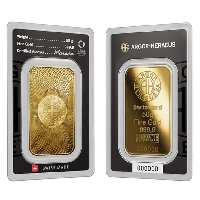 50 Gram Argor Heraeus Gold Bar .9999 Fine (New Design in Assay)