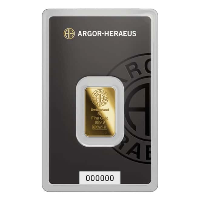 5 Gram Argor Heraeus Gold Bar .9999 Fine (New Design in Assay)
