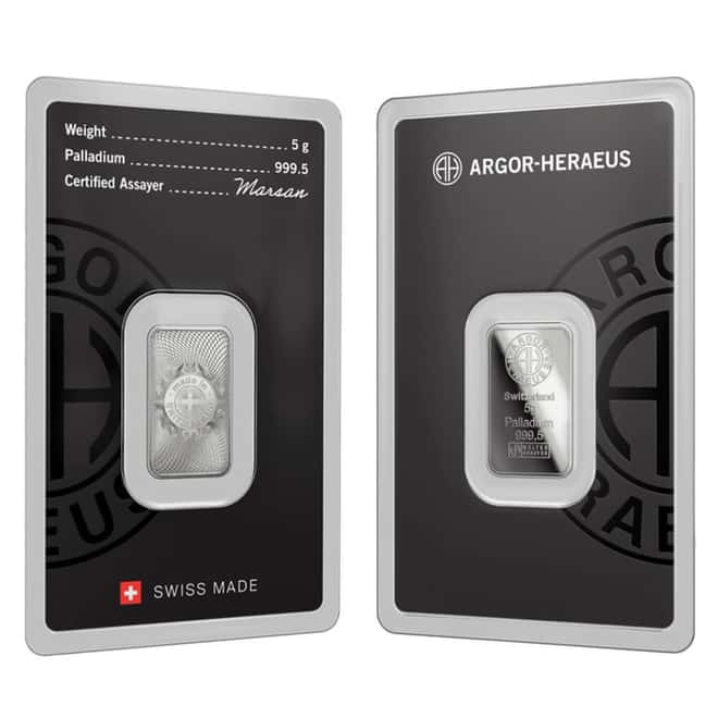 5 Gram Argor Heraeus Palladium Bar .9995 Fine (New Design in Assay)