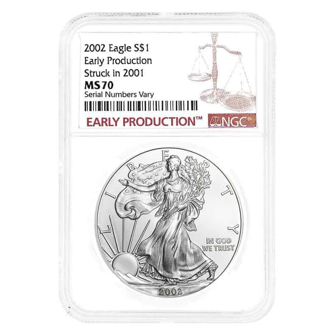 2002 1 oz Silver American Eagle Struck in 2001 NGC MS 70 Early Production