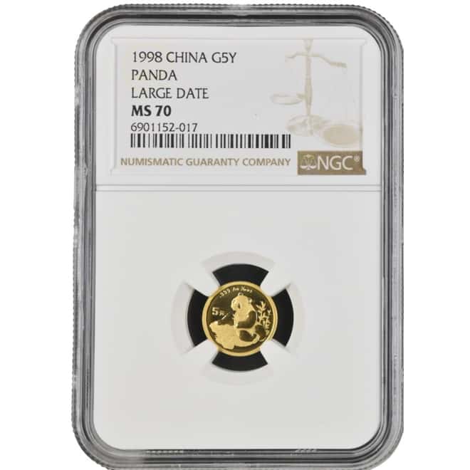 1998 1/20 oz Chinese Gold Panda 5 Yuan Large Date NGC MS 70
